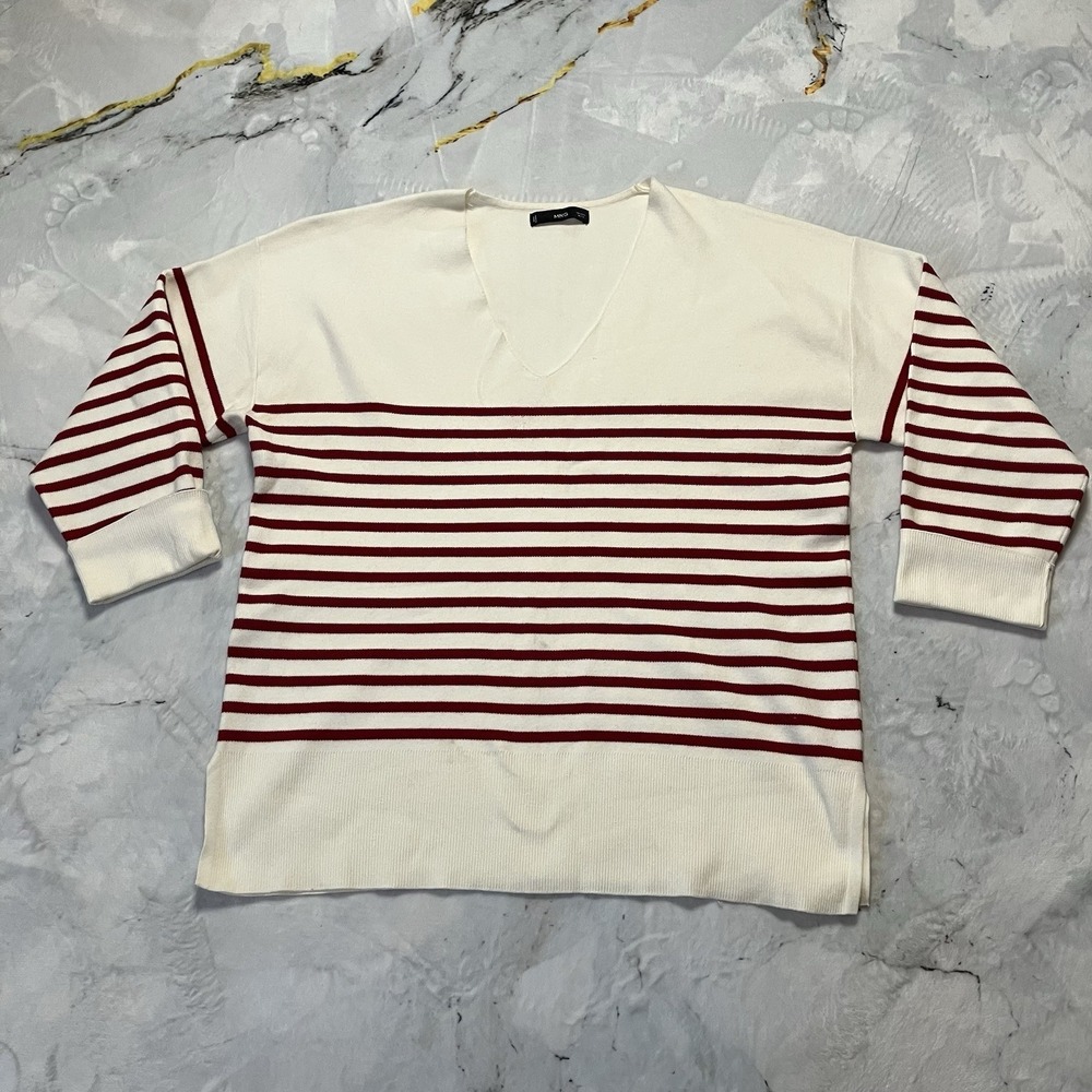 Mng Sweater Womens Size Large V Neck Red White Striped Knit Cuffed Sleeve Boat